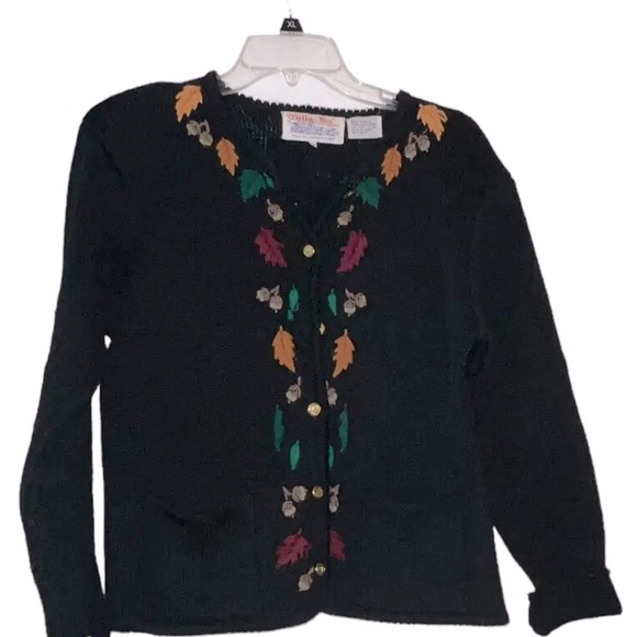 Tally Ho Sweaters - Vintage Tally-Ho Women's Button Sweater Embroidered Fall Leaves Design Size M
